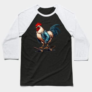 Retro cool rooster skateboarder Baseball T-Shirt